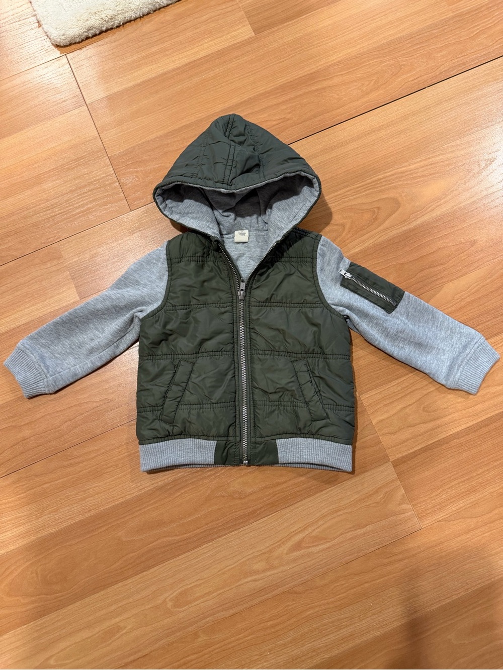 Tucker + Tate Olive Green Puffer Hoodie with Gray Knit Sleeves